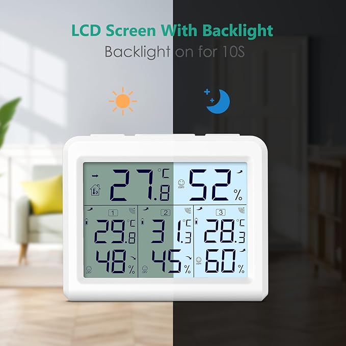 ORIA Indoor Outdoor Thermometer, Digital Hygrometer Thermometer, Wireless Temperature and Humidity Gauge Monitor with 3 Sensors, LCD Backlight for Home, Office, Bedroom, White - Image 5