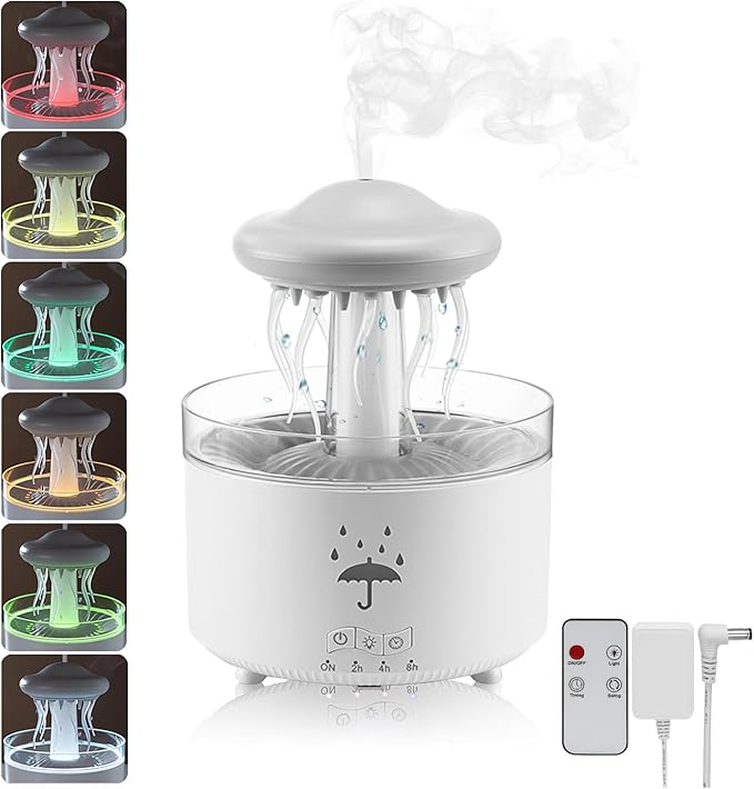 Humidifier for Bedroom, Rotating Umbrella Diffuser with Rain Drop Effect 7-Color LED, 300ML Small Humidifier with Remote & Timer, Funny Rain Humidifiers Gift for Family and Friends (White 1) by GOUTOOL