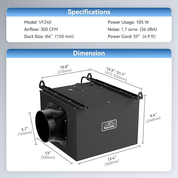 300CFM Ultra Quiet Bathroom Exhaust Fan, Remote Mount In Line Fan VF240, Exhaust Ventilation Fan for Bathroom, Kitchen, Garage and ResidentialVentilation Applications, Black - Image 6