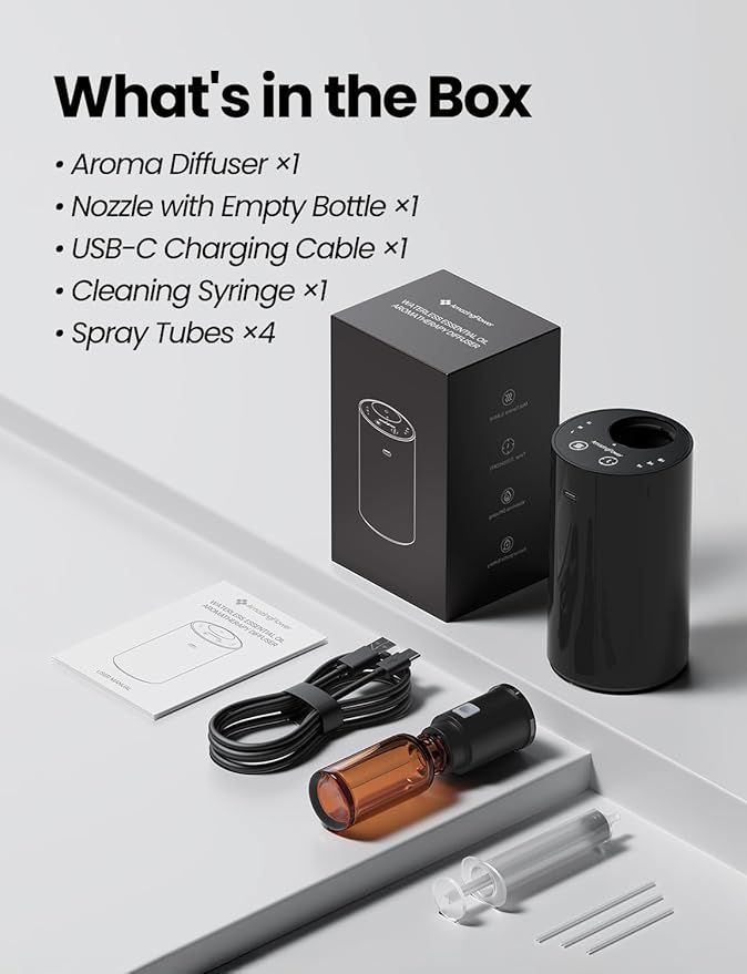 Waterless Essential Oil Diffuser, Portable Aromatherapy Diffuser with 20mL Capacity, Battery Operated Mini Scent Diffuser,3 Mist Levels & Timers, Leak-Free, for Home, Car, Office (Black) - Image 8