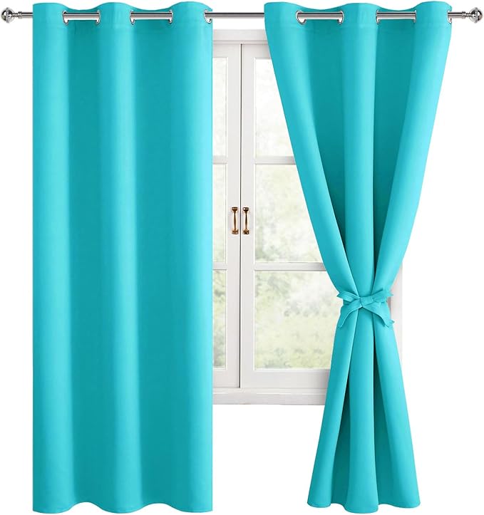 Hiasan Blackout Curtains for Bedroom, 38 x 63 Inches Length - Thermal Insulated & Light Blocking Window Curtains for Living Room, 2 Drape Panels Sewn with Tiebacks, Turquoise by Hiasan