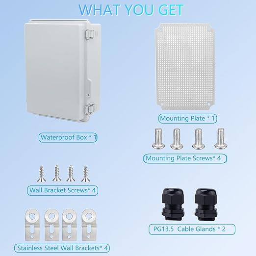 Waterproof Junction Box, ABS Plastic Electrical Box with Stainless Steel Latch, Hinged Cover Electric Project Enclosure Box with Mounting Plate, Wall Brackets & Cable Gland 11"x7.5"x5.1" - Image 6