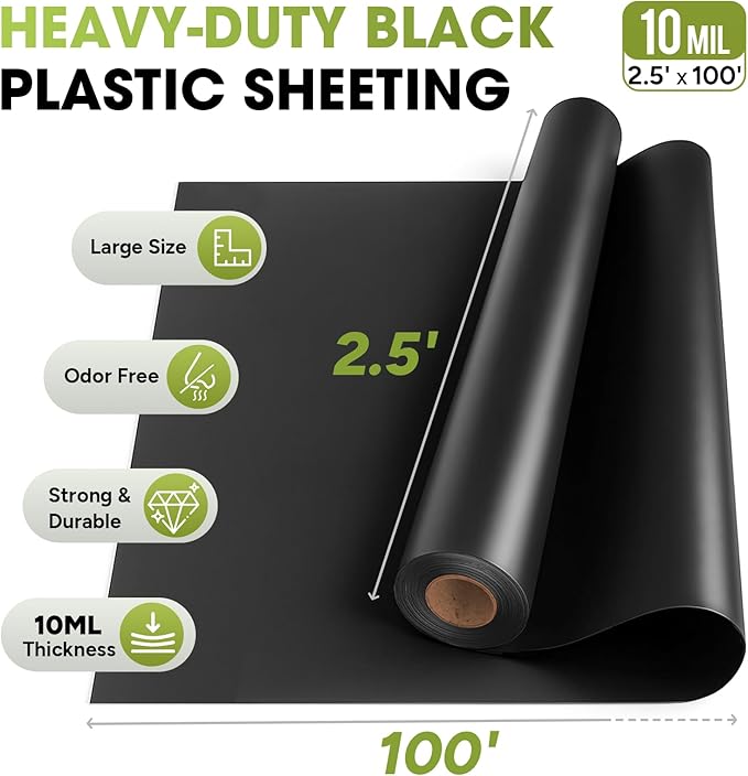 10 Mil Black Plastic Sheeting 2.5x100 FT – Heavy Duty Polyethylene Plastic Rolls for Garden, Black Plastic Rolls for Crawl Space Vapor Barrier, Construction, Landscaping, Weed and Moisture Control - Image 4