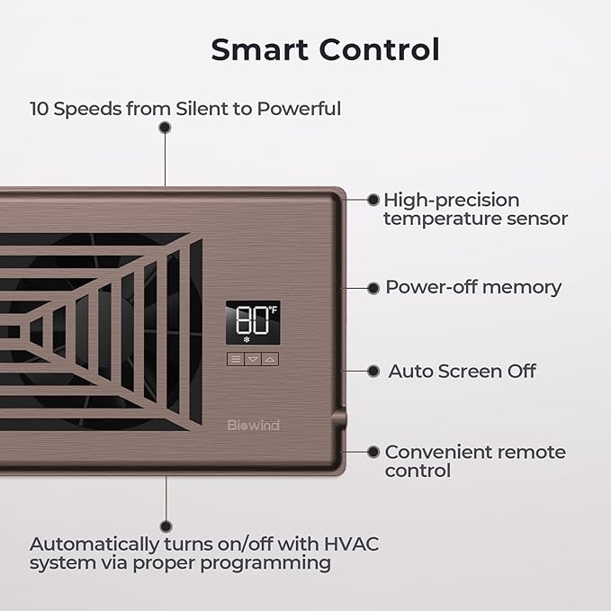 Quiet Register Booster Fan Fits 4" x 10" Register Holes, 10-Speed Smart Heating Cooling AC Vent Fan with Remote Control and Thermostat Control - Bronze - Image 4