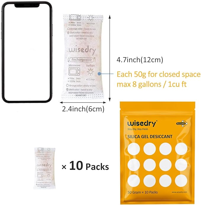 wisedry 50 Gram [10 Packs] Silica Gel Packets Microwave Fast Reactivate Desiccan Packs with Indicating Beads - Image 9