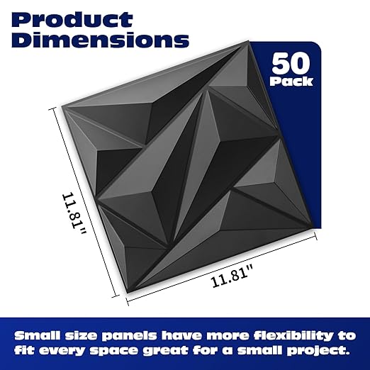 Art3dwallpanels 50 Pack 3D Wall Panel Diamond for Interior Wall Décor, PVC Flower Textured Wall Panels for Living Room Lobby Bedroom Hotel Office, Black, 12''x12'' - Image 2