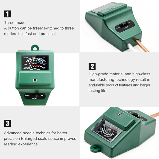 SONKIR Soil pH Meter, MS02 3-in-1 Soil Moisture/Light/pH Tester Gardening Tool Kits for Plant Care, Great for Garden, Lawn, Farm, Indoor & Outdoor Use (Green) - Image 3