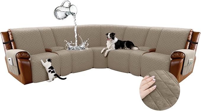Arfntevss Waterproof Recliner Sectional Couch Covers for Reclining L Shape Sofa Cover Non Slip Washable L Shaped Slipcover Sets for Dog Furniture Protector (5 Seat with 2 Console Cover, Camel) by Arfntevss