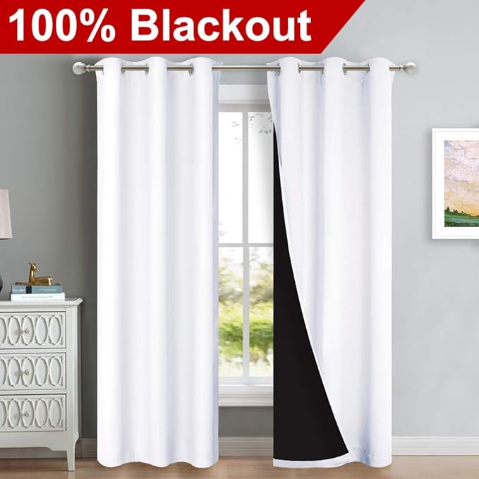 NICETOWN White Blackout Curtains 84 inches Long, Full Light Blocking Drapes with Black Liner for Nursery, Thermal Insulated Draperies for Hall, Villa (2 Pieces, 42 inches Wide Each Panel, Pure White) - Image 2