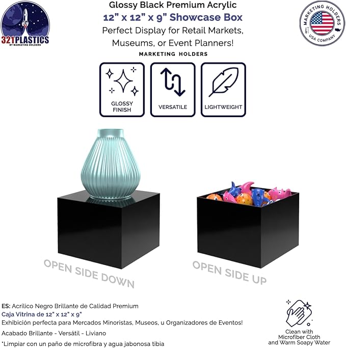 12" x 12" x 9" Riser Display Box Black Acrylic Throne with One Open Side No Lid Versatile Glossy Square Lucite Merchandise Storage Bin or Retail Product Pedestal by Marketing Holders - Image 4
