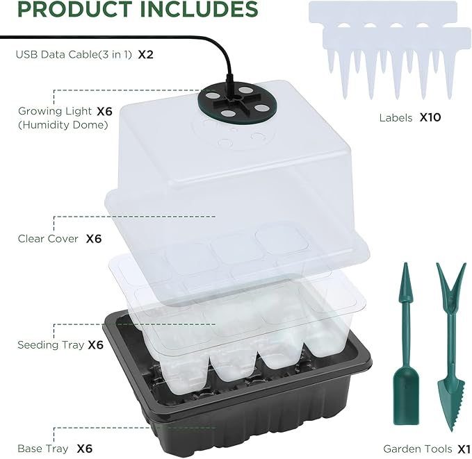 Seedfactor Seed Starter Tray with Light, 6PCS Seed Starter Kit with Grow Light, Seedling Starter Trays with Humidity Domes, Covers Height 3.9", Indoor Gardening Plant Germination Trays - Image 4