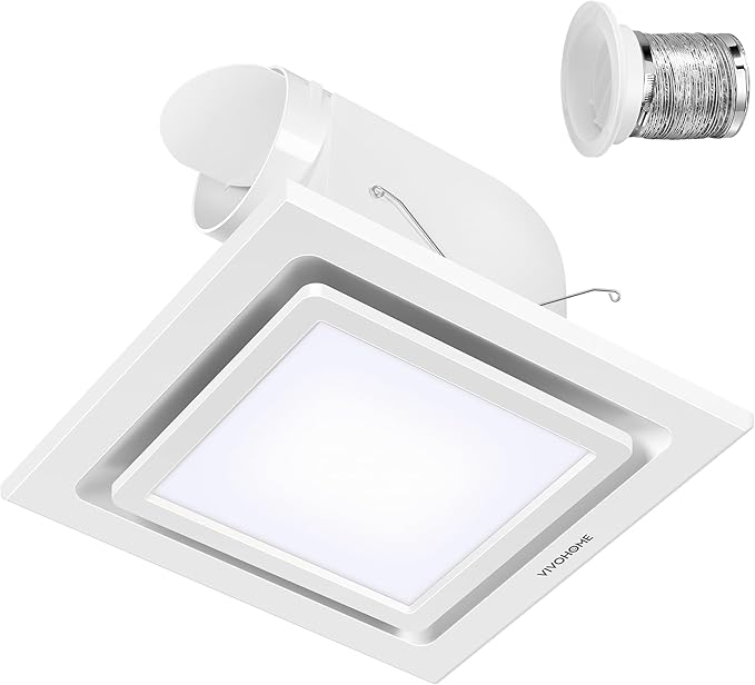 VIVOHOME Bathroom Exhaust Fan with Light, 165CFM Shower Ventilation Exhaust Fan with 6500K LED Light Combo,Ceiling Mount w/ 4" Duct Hose 1.5 Sones Square Fan, Cool White Light by VIVOHOME
