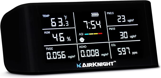 AirKnight Premium Indoor Air Quality Monitor Indoor & Air Quality Sensor. VOC detector, CO2 Monitor, Formaldehyde Detector HCHO, AQI, PM2.5, PM10 Temperature Humidity Air Monitor AQI CO2 Meter Gas Off by AirKnightMonitoring