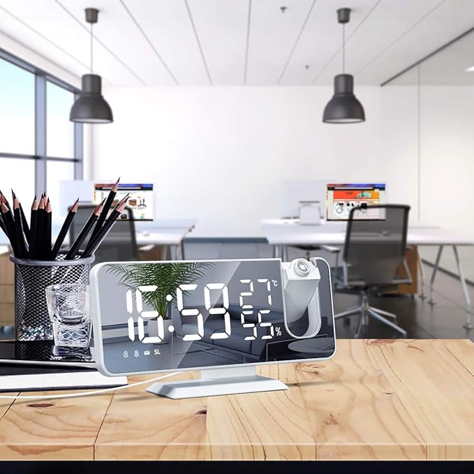 Projection Digital Alarm Clock for Bedrooms, Clock Radio on Ceiling, USB Charger Port, Temperature & Humidity Display, 7.3” Large Mirror LED Display,12/24H,Snooze,Dual Loud Alarm Clock- 4 Dimmer - Image 8