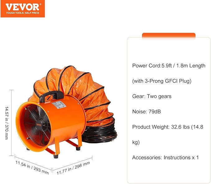 VEVOR Portable Ventilator with Hose, 2 Speed, 10 Inch Utility Blower Exhaust Fan with 33ft Flexible Duct, 350W 1948CFM High Velocity Industrial Air Mover for Extraction and Ventilation - Image 7