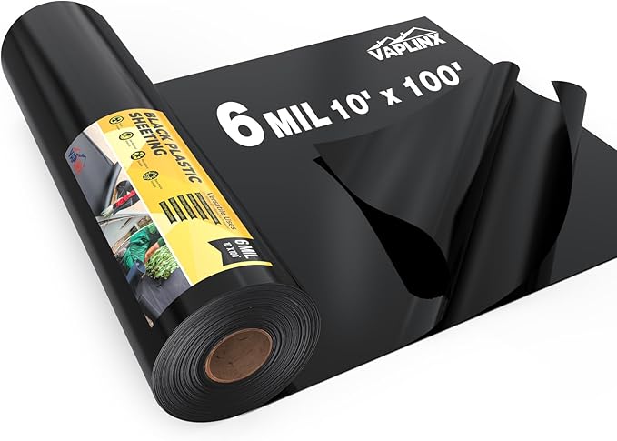 6 Mil Black Plastic Sheeting 10x100 FT – UV Protection Poly Sheeting Polyethylene Film, Black Plastic Rolls for Garden, Crawl Space Vapor Barrier, Construction, Landscaping, Weed, Moisture Control by VAPLINX
