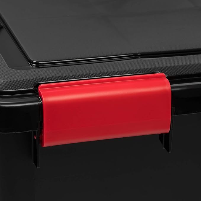 IRIS USA WeatherPro 31 Qt Storage Bins with Lids, 4 Pack, BPA-Free Plastic Gasket Box with Tight Latch and Seal, Stackable Nestable Tote Tub - Black/Red - Image 4