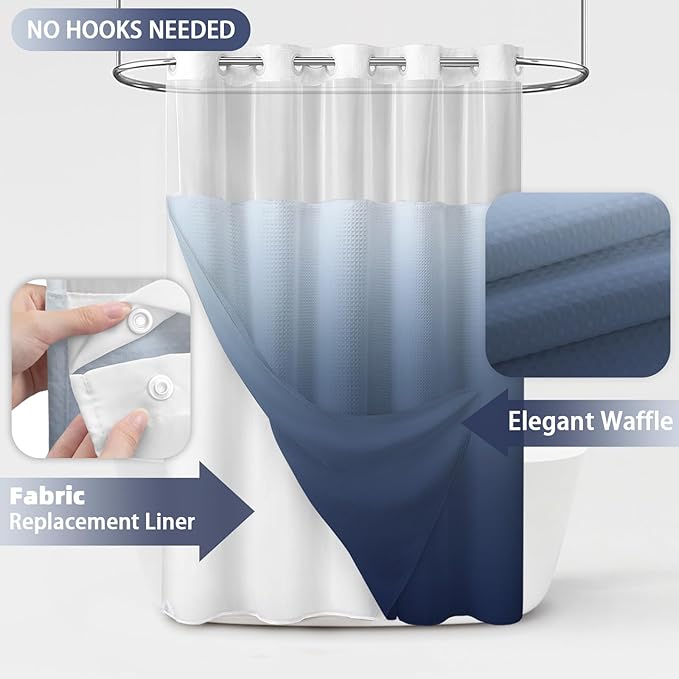 No Hook Shower Curtain and Liner Set,Ombre Blue Hotel Waffle Shower Curtain with Liner 75" L x 72" W - Image 2