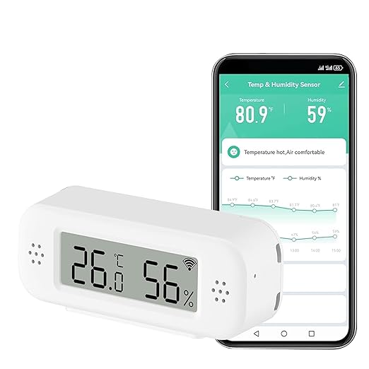 Smart Digital Thermometer Hygrometer, WiFi Indoor Temperature & Humidity Sensor for Home Use, Mini Humidity Monitor with App Remote Monitoring, Data Export, Compatible with Alexa. 1 PCS by QXMH