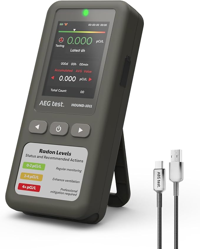 HOUND-1011 Portable Radon Detector for Home, Lightweight, High-Accuracy Sensor, 45-Day Monitoring, Easy-to-Use Radon Tester, Short- & Long-Term in pCi/L or Bq/m³ for Basement – Gray by Unknown