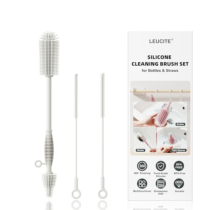 Silicone Cleaning Brush Kit,Water Bottle and Straw Cleaner Brush Set for Tumbler,Baby Bottle,Breast Pump Part,Nipple,Sippy Cup,Glass,Dishwasher Safe,BPA Free,3 Pcs by Leucite