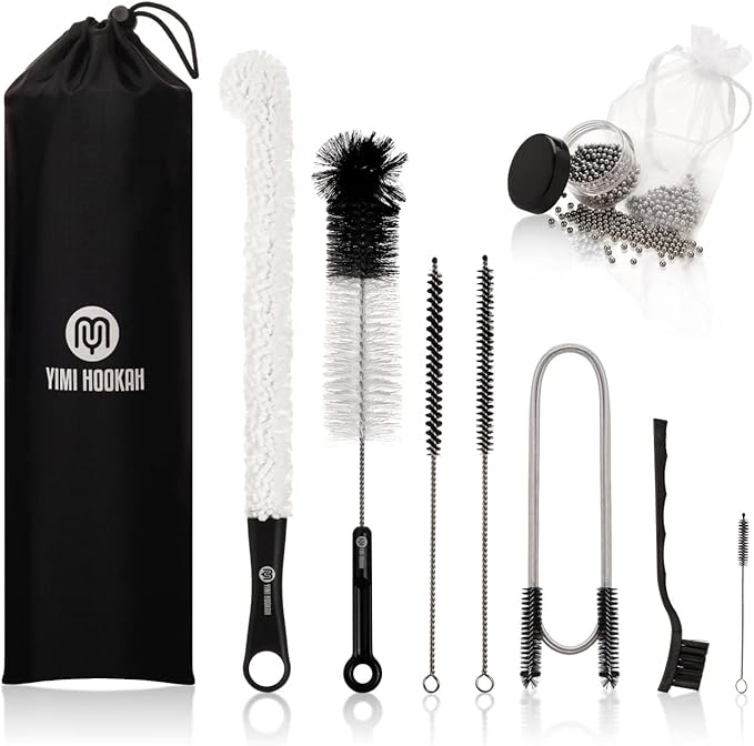 Yimi Hookah® Cleaning Kit | Flexible Drain Brush | V Shape Angled Brush | Test Tube Brushes and Micro Brush | Decanter Cleaning Beads | Flexible Bottle Scourer| Hookah Shisha Brush Set. by YIMI+HOOKAH