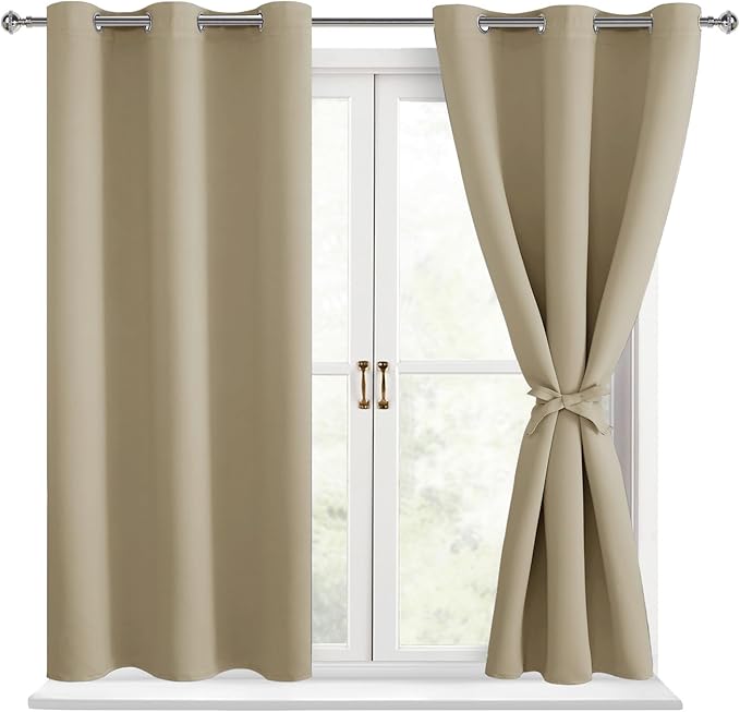 Hiasan Blackout Curtains for Bedroom - Thermal Insulated & Light Blocking Window Curtains for Living Room, 2 Drape Panels Sewn with Tiebacks, Taupe, 38 x 54 Inch by Hiasan