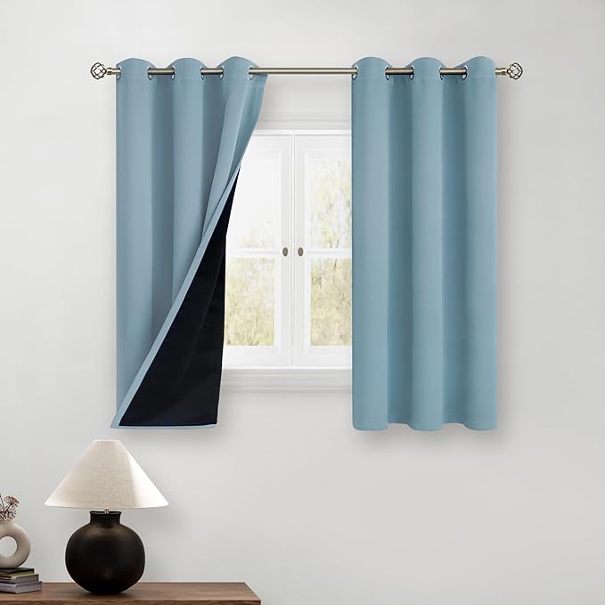 BGment Short 100% Blackout Curtains for Bedroom, Thermal Insulated Lined Energy Efficiency Noise Reducing Grommet Curtains 45 Inch Length for Small Window 2 Panels Each 42 Inch Wide, Greyish Blue by BGment