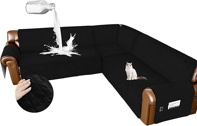 Arfntevss Waterproof Sectional Couch Covers L Shape Washable Velvet Sofa Cover for Sectional Non Slip Large Corner Slipcovers Dog 6 Pcs Universal U Shaped Furniture Protector (Black, Large) by Arfntevss