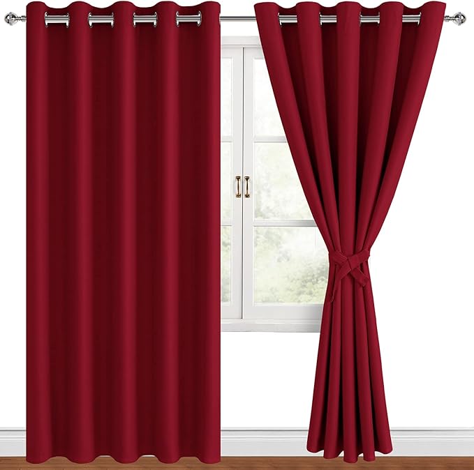 Hiasan Blackout Curtains for Bedroom, 60 x 84 Inches Long - Thermal Insulated & Light Blocking Window Curtains for Living Room, 2 Drape Panels Sewn with Tiebacks, Christmas Red - Image 2