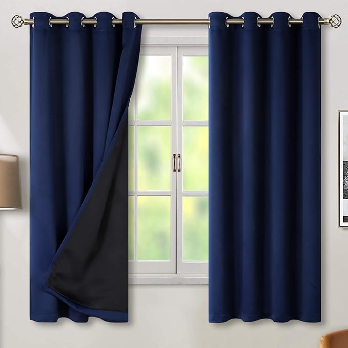 BGment Thermal Insulated 100% Blackout Curtains for Bedroom with Black Liner, Double Layer Full Room Darkening Noise Reducing Grommet Curtain (52 x 63 Inch, Navy Blue, 2 Panels) by BGment