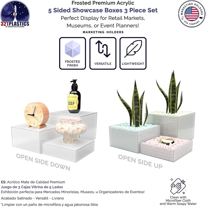 Acrylic Display Riser Boxes 3 Piece Frosted Retail Product Riser 2", 4", 6" High Nesting Bins One Open Side No Lid Merchandise Storage Box by Marketing Holders - Image 2