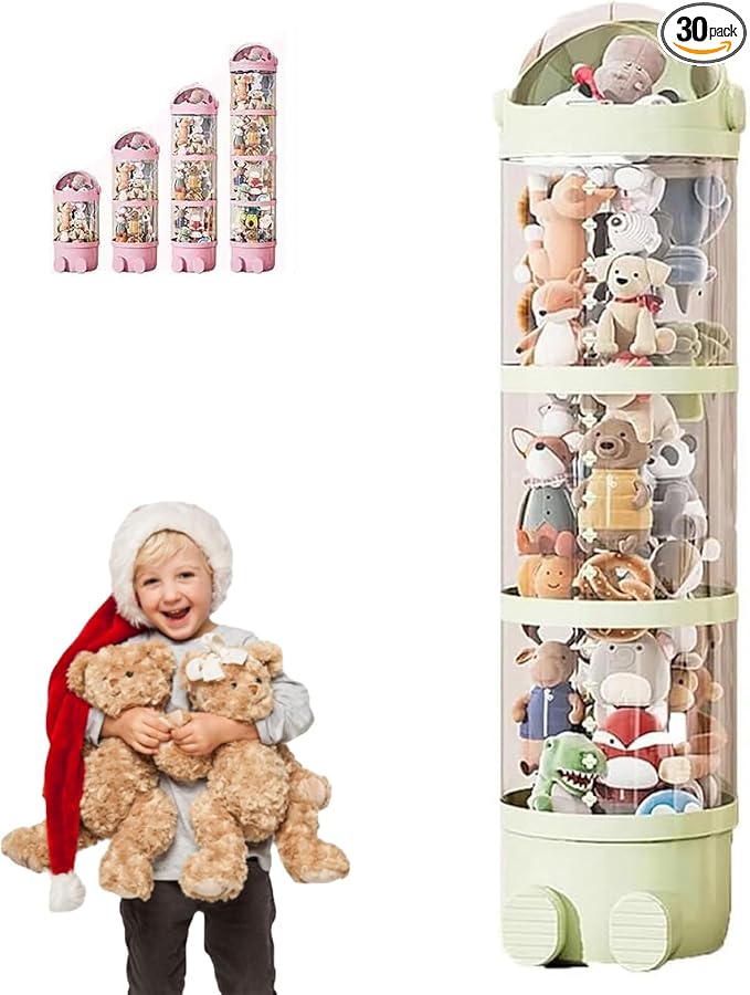 Rotating Toy Storage Tower, 2025 New Tube Storage for Stuffed Animals with Lights, Tube Storage Container with Zipper, Transparent Round Flip Organizer for Plush Toys (Green-without light, 63.8in) by Unknown