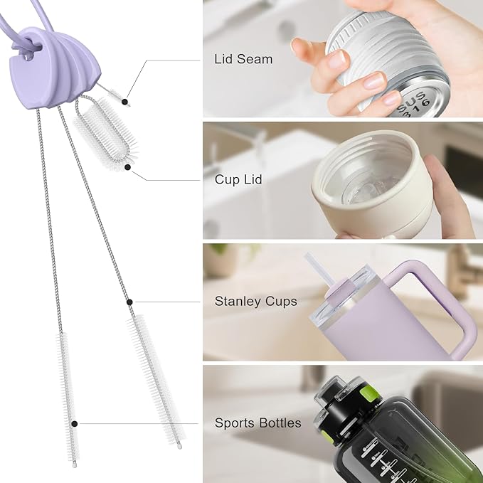 YOTIME Standing Straw Cleaner Brush Set, 4in1 Reusable Straw Brushes with Holder Ring, for Wide and Narrow Straws, Tumblers, Water Bottles and Cups, Purple - Image 5