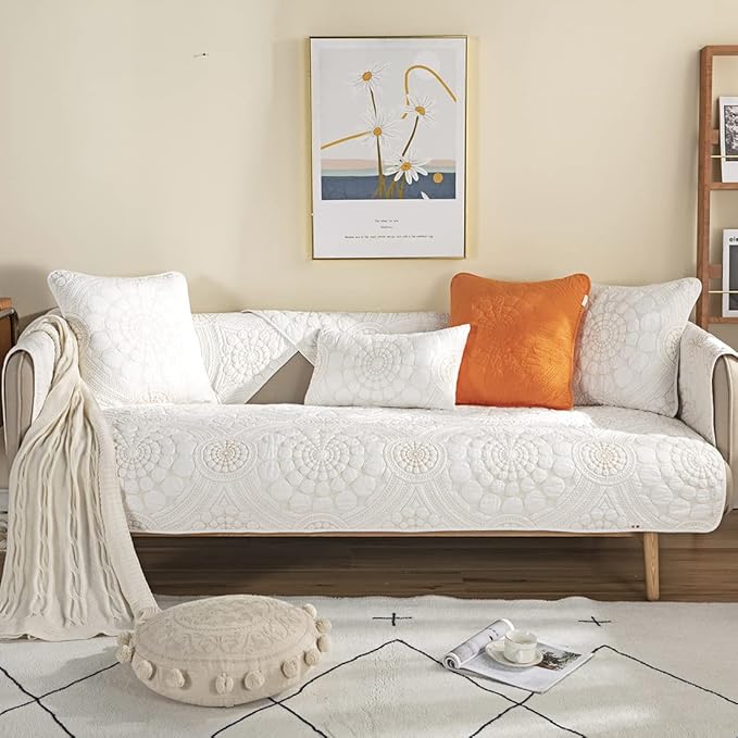 vctops Boho Circle Embroidery Couch Sofa Cover Solid Color Cotton Quilted Non-Slip Sectional Couch Covers Sofa Slipcover for Dogs, Children, Pets Furniture Protector (White,28"x82") - Image 2