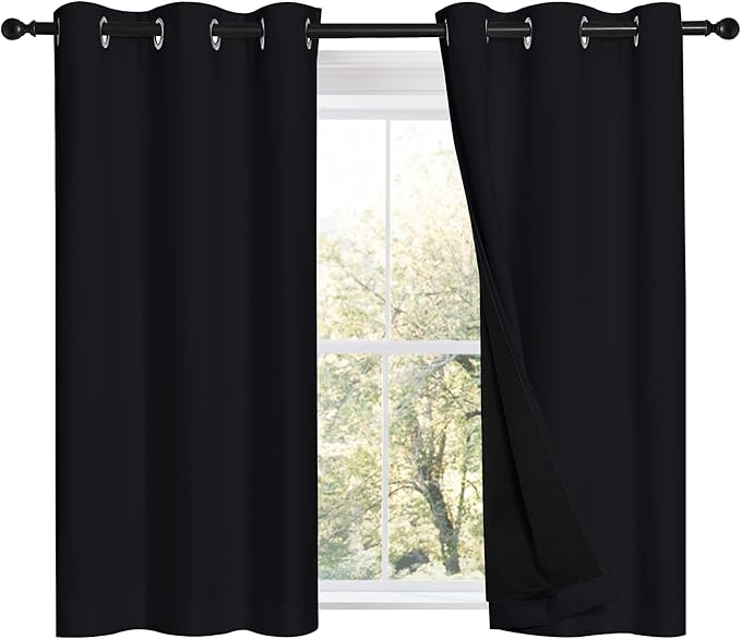 NICETOWN Black 100% Blackout Curtains 45 inches Length, 2 Thick Layers Completely Blackout Window Treatment Thermal Insulated Lined Drapes for Basement Window (1 Pair, 42 inches Width Each Panel) by NICETOWN