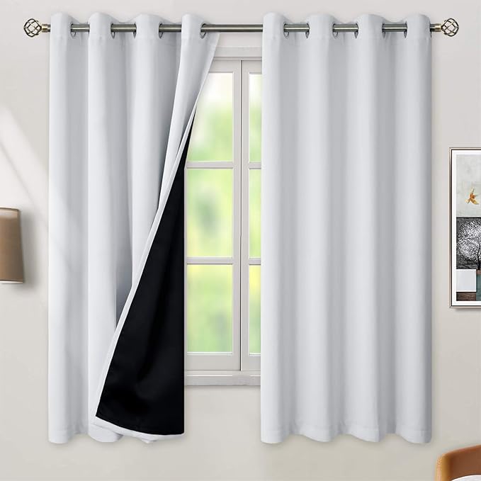 BGment Greyish White 100% Blackout Curtains for Bedroom 63 Inch Length 2 Panels Set, Thermal Insulated Full Light Blocking Grommet Noise Cancelling Window Curtains for Nursery, 52 Inch Wide Each by BGment