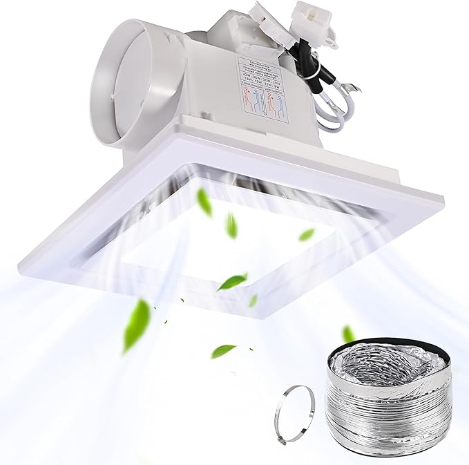 FEITON Square Bathroom Exhaust Fan with LED Light, 110 CFM 30W 4 Inch Duct, 110-220V 1.0 Sones Quiet Bathroom Ventilation Fan Light Combo Ceiling Mount by FEITON