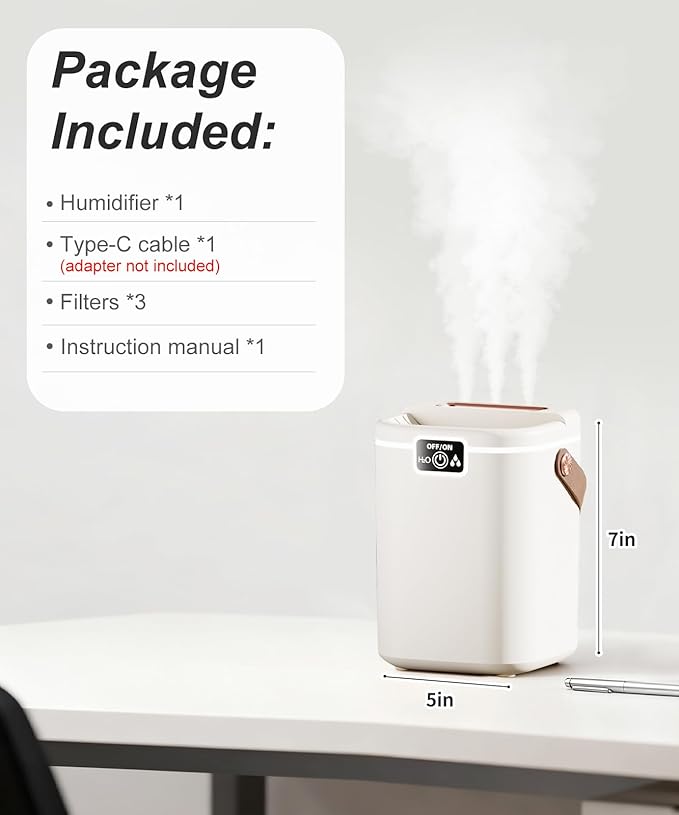 Air Humidifier for Bedroom with Three Spray, 2L Quiet Cool Mist Humidifier for Plants Dorm Room Office Home Car Personal Humidificador with Top Water Inlet & 4 Mist Modes & Night Light - Image 7