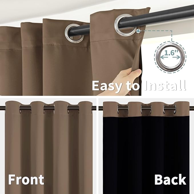 BGment Thermal Insulated 100% Blackout Curtains for Bedroom with Black Liner, Double Layer Full Room Darkening Noise Reducing Grommet Curtain (52 x 90 Inch, Taupe, 2 Panels) - Image 6