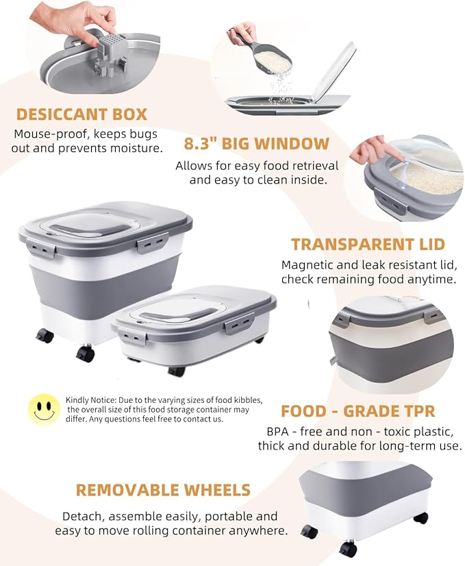 20-30 Lbs Rice Storage Container,Collapsible Food Storage Containers with Rolling Wheel Airtight Locking Lid,Flour Storage Container with Cup and Scoop,Suitable for Food,Rice,Pet Food,Flour - Image 8