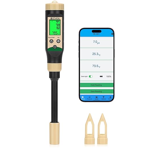 Soil pH Meter for Food, Bluetooth Water pH Tester for Soil & Hydroponic, Digital pH Temp Meter for Blueberry Jam with ATC for Canning, Dough, Garden Lawn, Indoor Outdoor Plants, Raised Garden Beds by EZTOCH