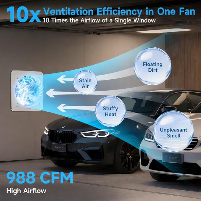 Voltset 10-Inch Industrial Exhaust Fan, 988 CFM Vent Fan for Garage with Power Cord Plug-in & Switch, Powerful Shop Ventilation, Fume Extractor Fan for Greenhouse Shed Smoking house, Silver - Image 2