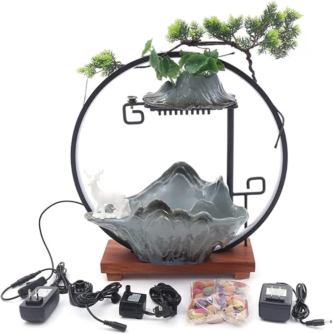 17In Water Fountains Indoor Tabletop Water Fall Humidifier W/LED Light & Atomizer Mist, Zen Decor Meditation Japanese Decor Fake Plants Feng Shui Decor Festival Birthday Gift Good Luck Wealth - Image 6