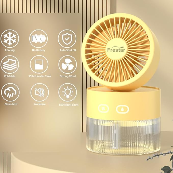 Personal Cooling Fan and Small Air Humidifier 350ml with LED Night Light, Desktop USB Charging Humidifier and Fan 3 in 1 for Office and Small Room, No Battery (Yellow) - Image 2
