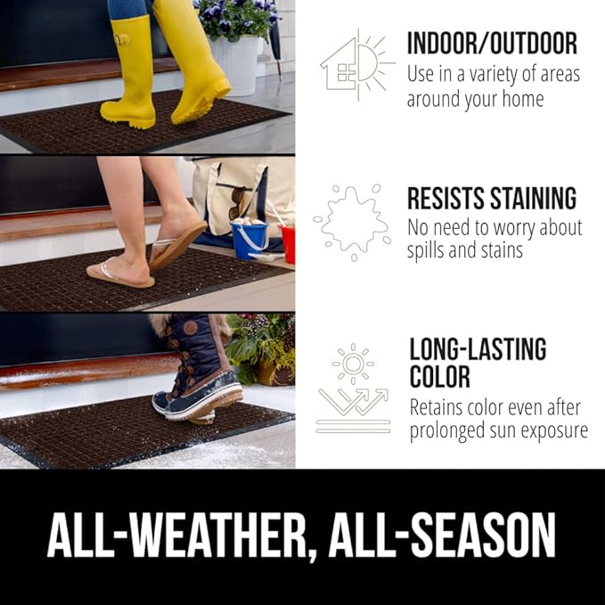 GORILLA GRIP 100% Waterproof All-Season WeatherMax Doormat, 34x58, US Designed Natural Rubber, Stain and Fade Resistant, Low Profile Indoor Outdoor Door Mats, Easy Clean Patio Mat, Coffee Squares - Image 3