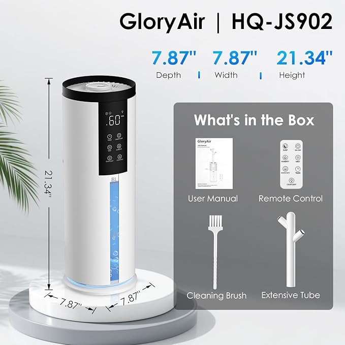 Humidifiers for Bedroom - GloryAir 2.11Gal (8L) Quiet Top Fill Cool & Warm Mist Humidifier Large Room 650 ft² with Humidistat, diffuser, Auto Mode, 7-Color Light for Plants, Baby,Adults, Office & Home - Image 9