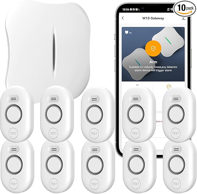 WiFi Water Leak Detector for Home with App Notification, 1 Gateway+10 Sensor, 120dB Flood/Drip Alarm for Basement/Kitchen/Bathroom/Toilet/Laundry Room, Under Sink/Drain/Pipe Leakage, W13+WD61x10-White by METAK
