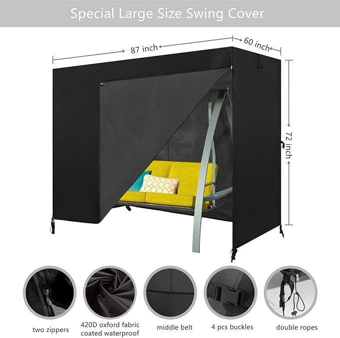 Patio Swing Cover - 3 Seater Hammock Glider Chair, Outdoor UV Resistant, Waterproof - 87L x 60D x 72H Inch - Image 2