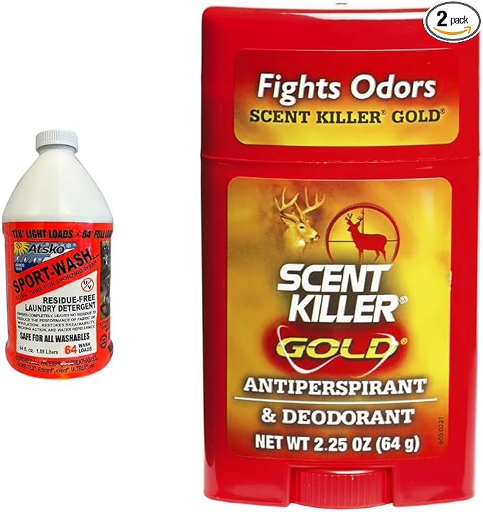 Atsko Sno-Seal SPORT WASH LAUNDRY DETERGENT, Liquid, 64 fl oz, Unscented & Scent Killer Gold Unscented Deodorant and Antiperspirant for Hunting Scent Control by Atsko